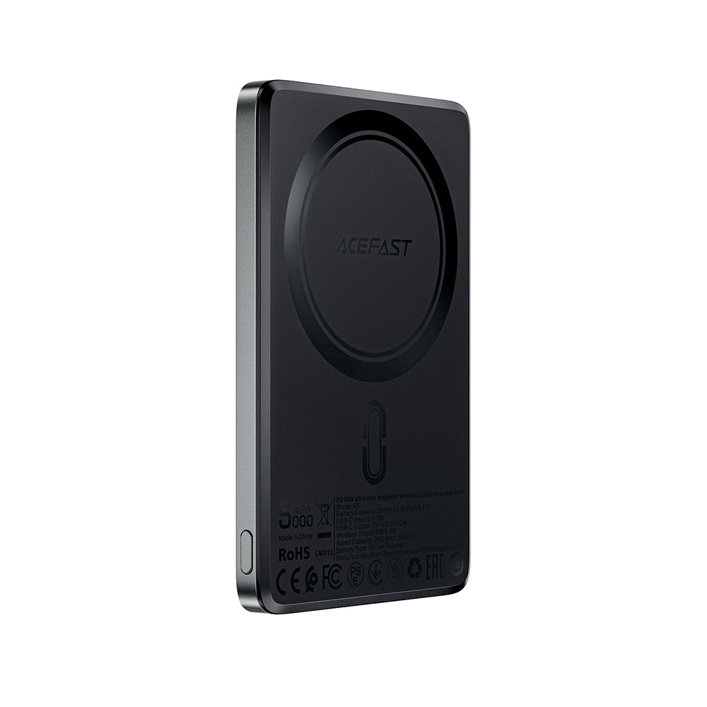 Acefast M8 Wireless External Battery, 5000mAh, 18W, PD + FQI, 1 x QI - 1 x USB-C, Black