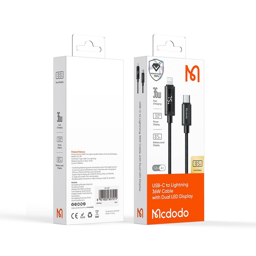 USB-C to Lightning McDodo CA-7990 Data and Charging Cable, 36W, 1.2m, Black