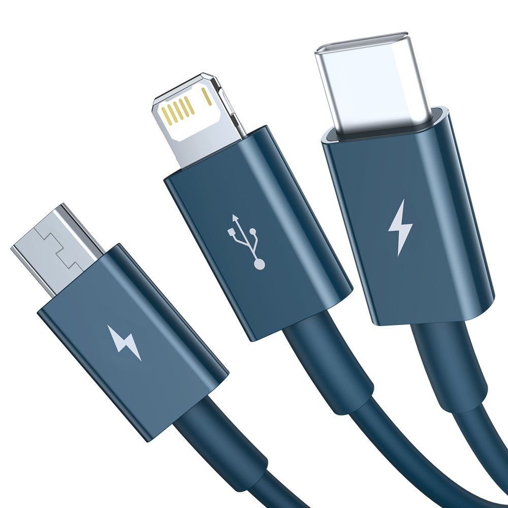 USB-A Charging Cable - Lightning / microUSB / USB-C Baseus Superior 3in1 Series, 20W, 1.5m, Blue CAMLTYS-03
