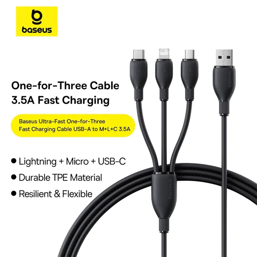 USB-A Charging Cable - Lightning / microUSB / USB-C Baseus Ultra Fast 3in1, 18W, 0.8m, Black P10377501111-00