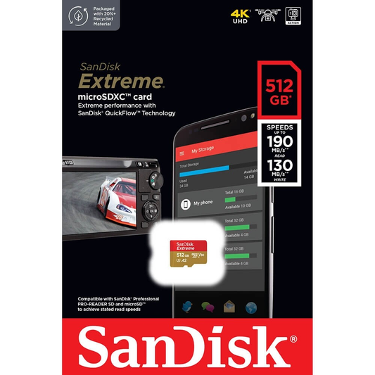SanDisk Extreme microSDXC Memory Card, 512Gb, Class 10 / UHS-1 U3 SDSQXAV-512G-GN6MN