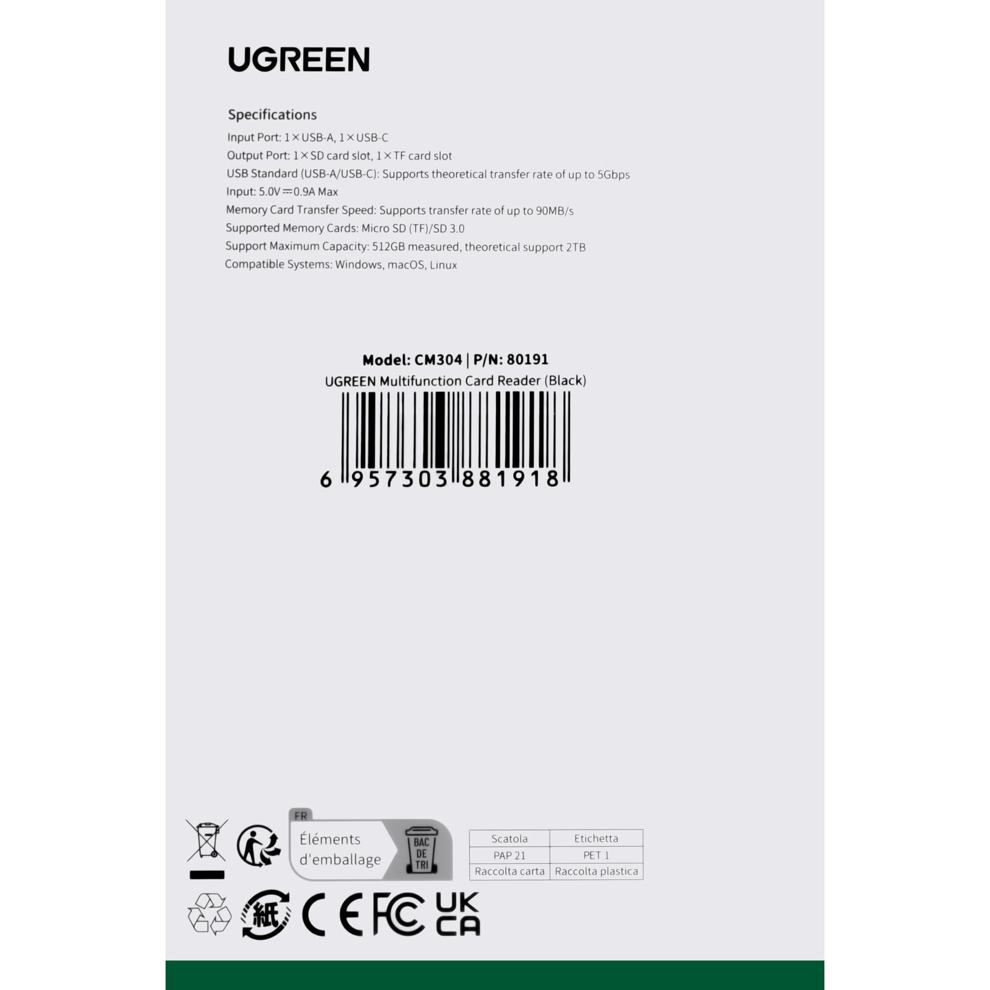 USB / USB-C Card Reader UGREEN CM304, SD - microSD, Black