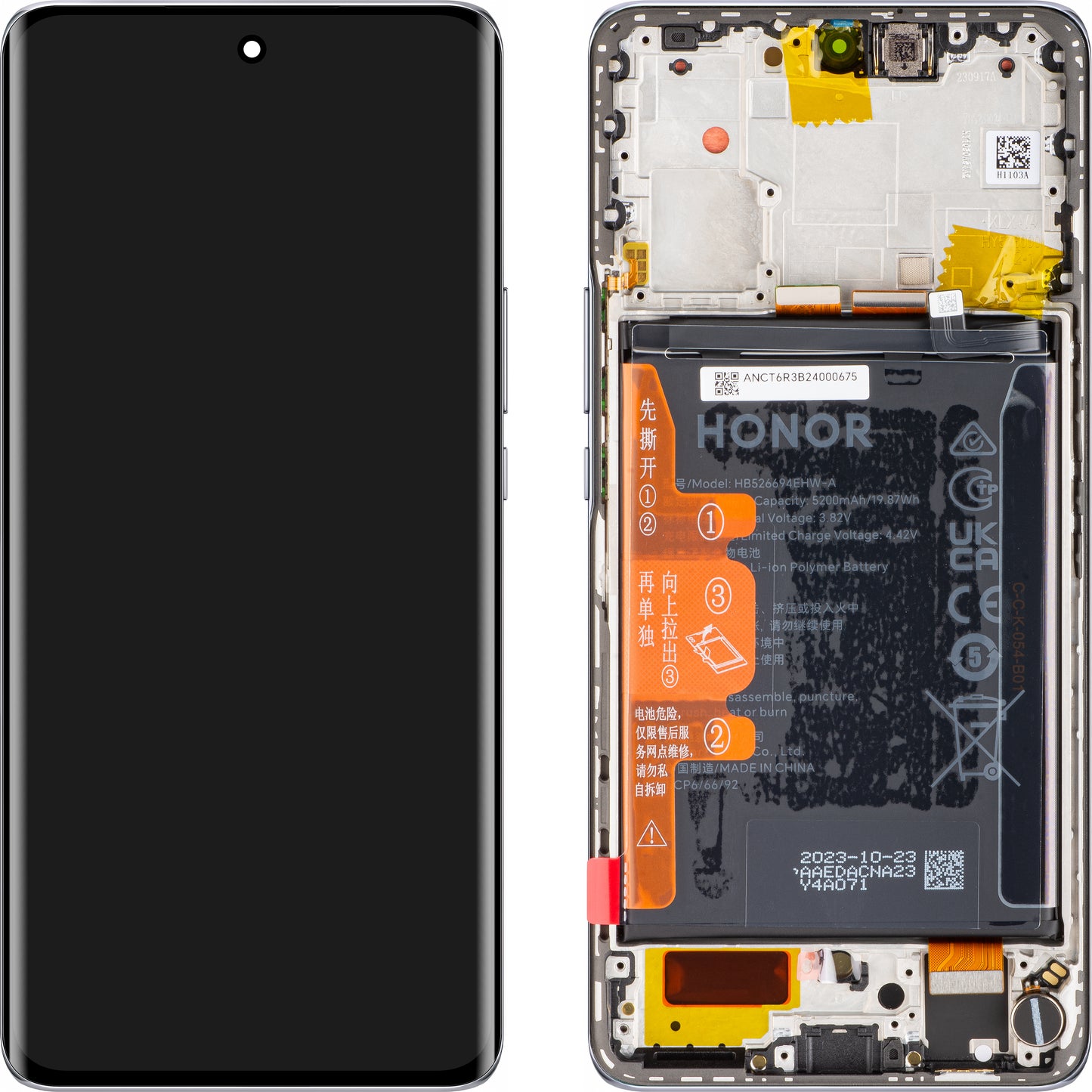 Display with Touchscreen Honor Magic6 Lite, with Frame and Battery, Titanium Silver, Service Pack 0235AHHR