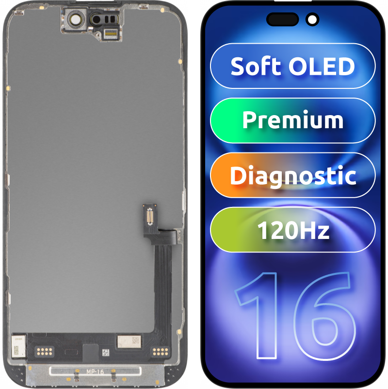 MP Touchscreen Display compatible with Apple iPhone 16, with Frame, Premium Soft OLED FHD 120Hz Diagnostic Version, Black