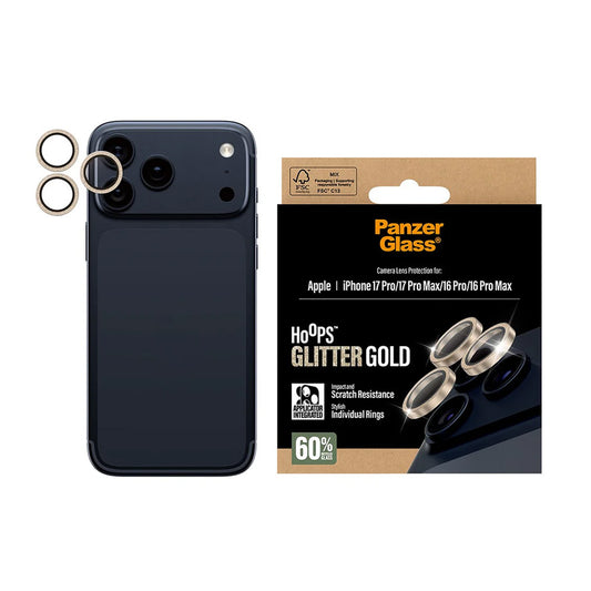 PanzerGlass Hoops Glitter Back Camera Protector for Apple iPhone 17 Pro Max / 17 Pro / 16 Pro Max / 16 Pro, Tempered Glass, Gold