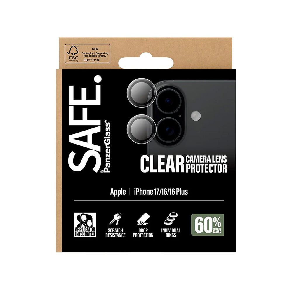 PanzerGlass Safe Rear Camera Protector. for Apple iPhone 17 / 16 Plus / 16, Tempered Glass, Transparent