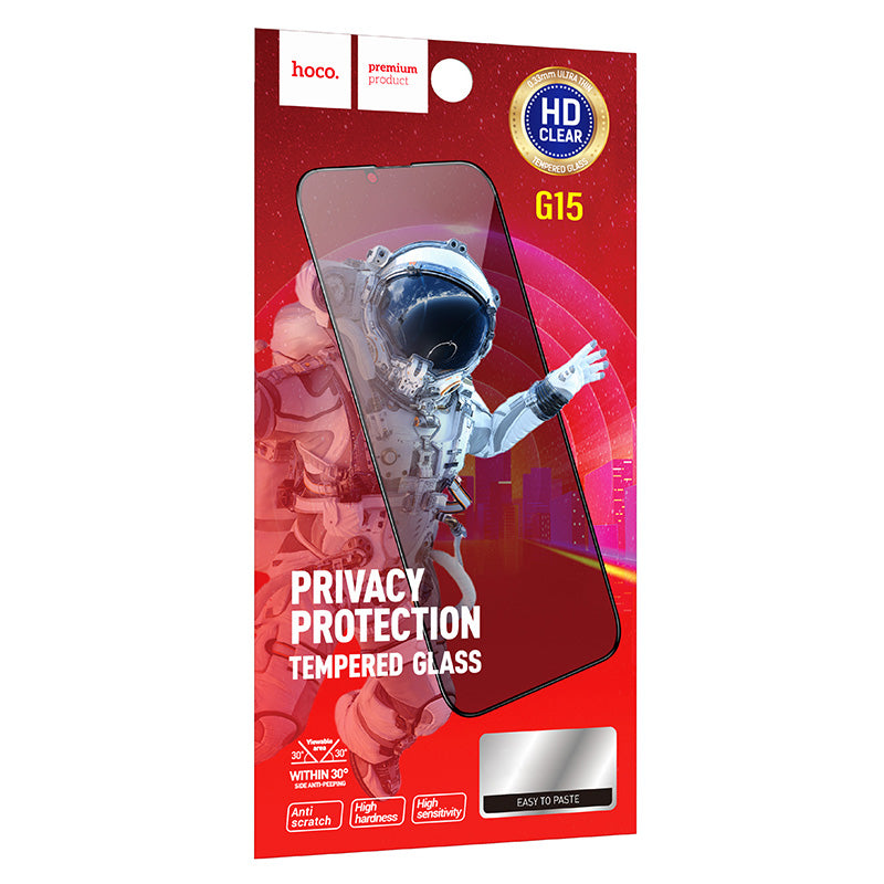 HOCO G15 Privacy Screen Protector for Apple iPhone 16 / 15, Tempered Glass, Full Glue, 5D