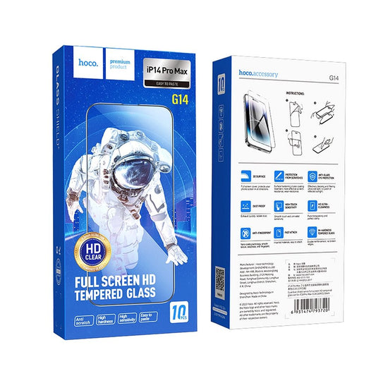 HOCO Screen Protector for Apple iPhone 14 Pro Max, Tempered Glass, Full Glue, Set of 10 pieces, Black