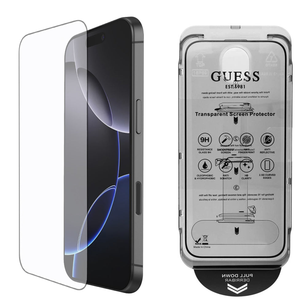 Guess Classic Outline Screen Protector for Apple iPhone 16 Pro Max, Tempered Glass, Full Glue, 2.5D, Black