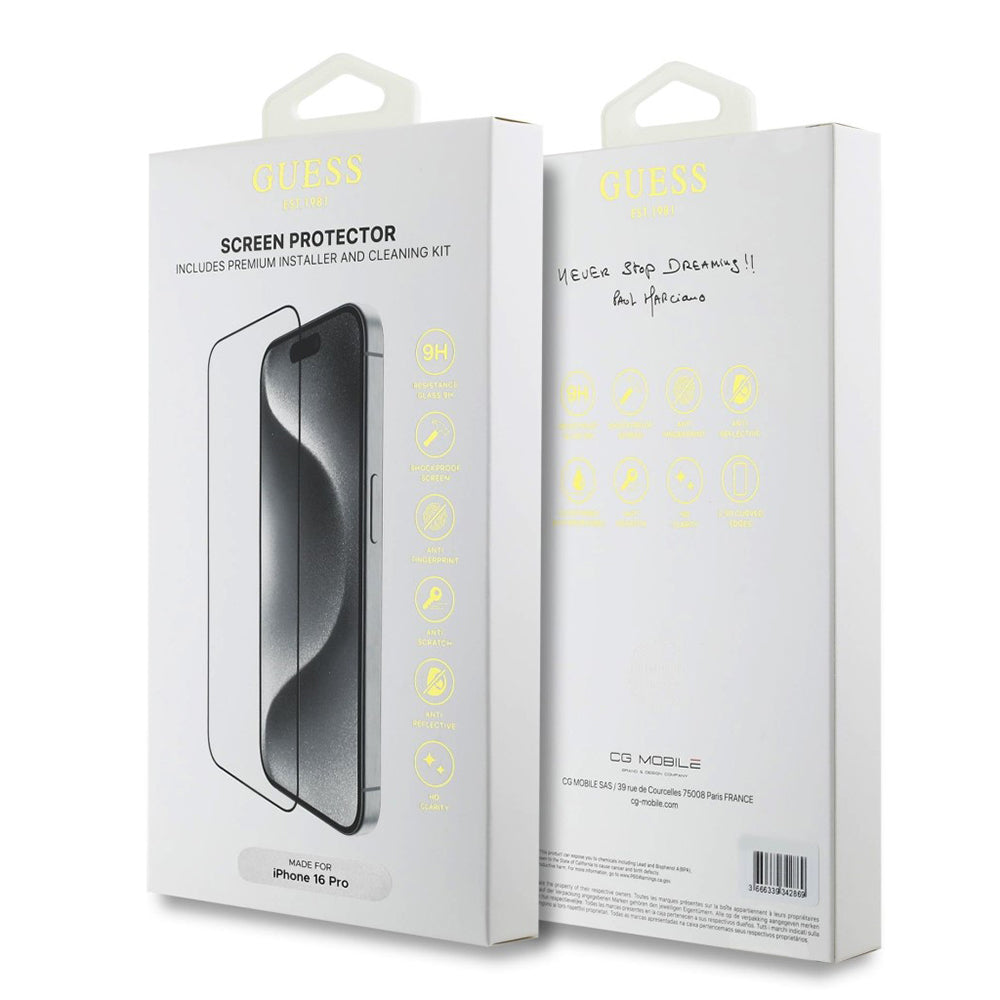 Guess Classic Outline Screen Protector for Apple iPhone 16 Pro Max, Tempered Glass, Full Glue, 2.5D, Black