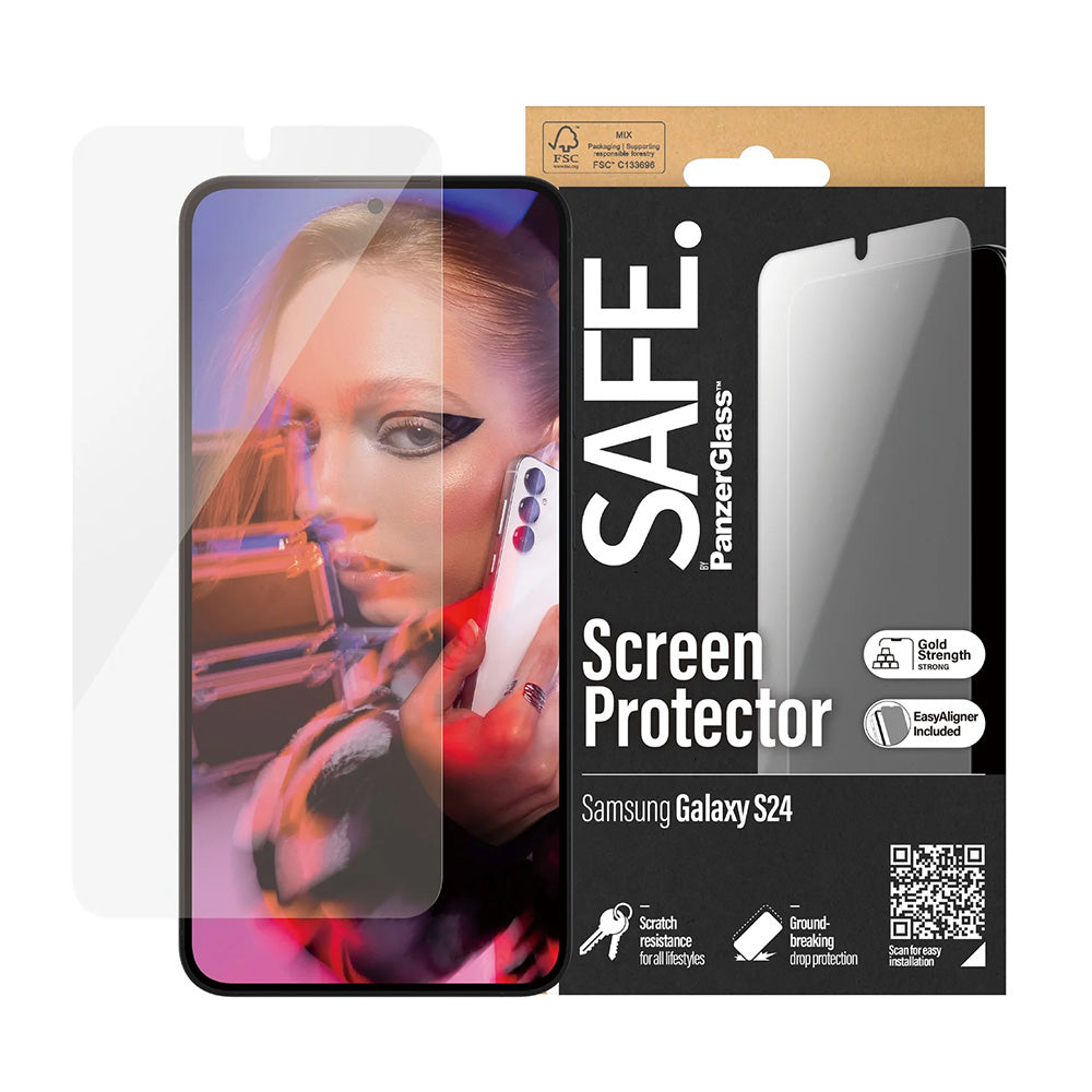PanzerGlass Safe Screen Protector. Ultra-Wide Fit EasyAligner for Samsung Galaxy S24 S921, Tempered Glass, Full Glue