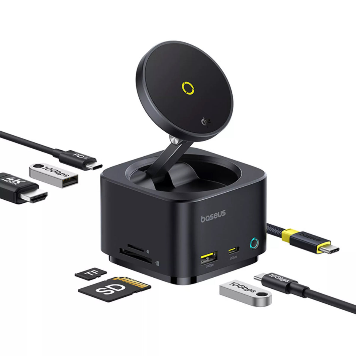 Baseus MagPro II 7in1 Multifunctional Hub, 1 x USB-A - 2 x USB-C - 1 x HDMI - 1 x QI - 1 x SD - 1 x microSD, Black B00072900121-00