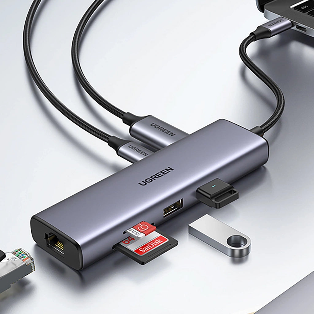 UGREEN CM512 USB-C Hub (90568), 2 x USB-A 3.0 - 1 x USB-C - 1 x HDMI - 1 x RJ45 - 1 x SD - 1 x microSD, Gray