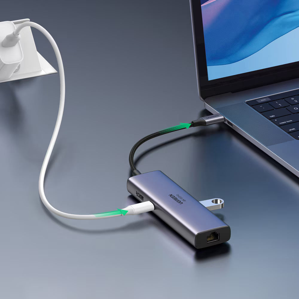 UGREEN CM512 USB-C Hub (60515), 2 x USB-A 3.0 - 1 x USB-C - 1 x HDMI - 1 x SD - 1 x microSD - 1 x RJ45, Gray