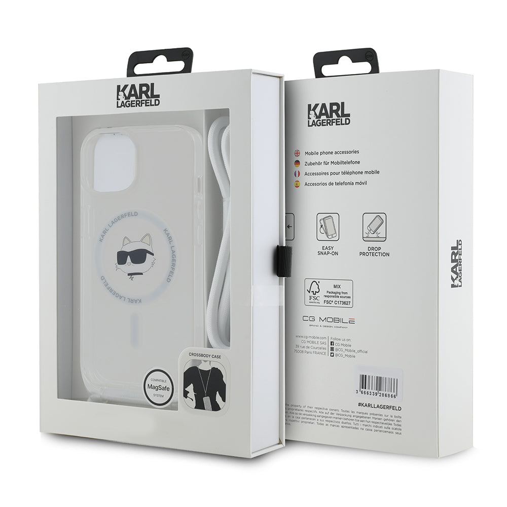 MagSafe Case for Apple iPhone 14, Karl Lagerfeld, IML Crossbody Choupette's Head with Strap, Transparent