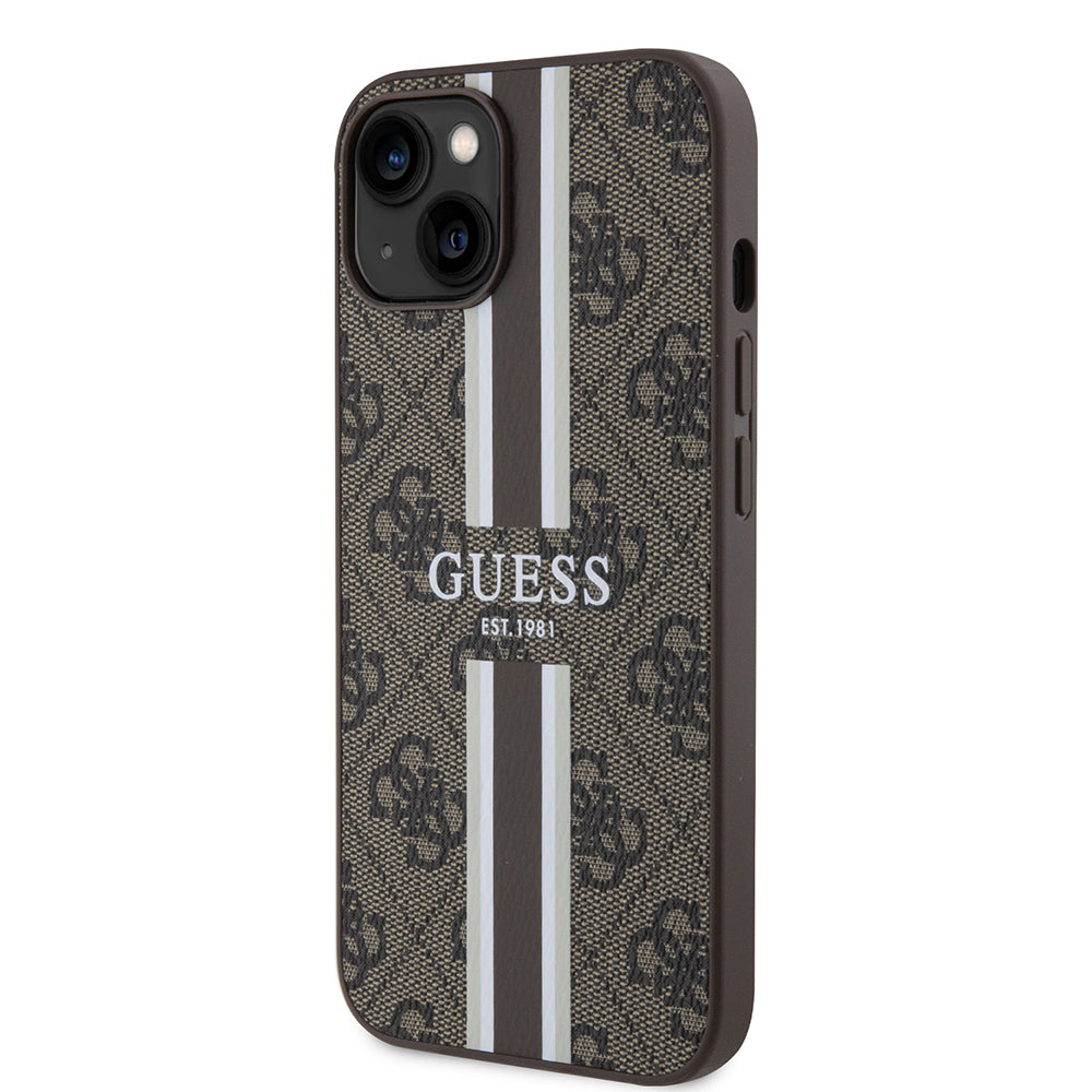 MagSafe Case for Apple iPhone 15, Guess, 4G Printed Stripes, Brown