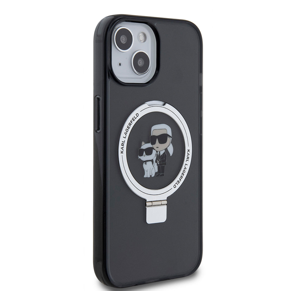 MagSafe Case for Apple iPhone 15, Karl Lagerfeld, Ring Stand Karl & Choupette, Black