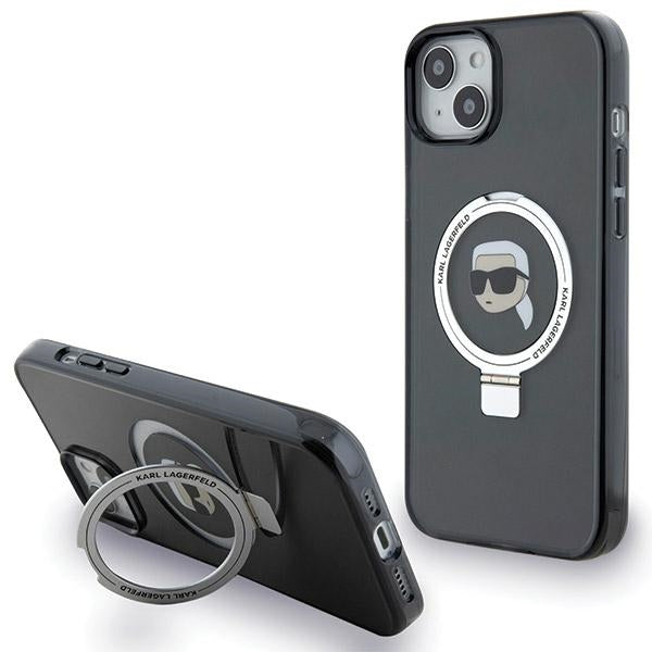 MagSafe Case for Apple iPhone 15, Karl Lagerfeld, Ring Stand Karl's Head, Black