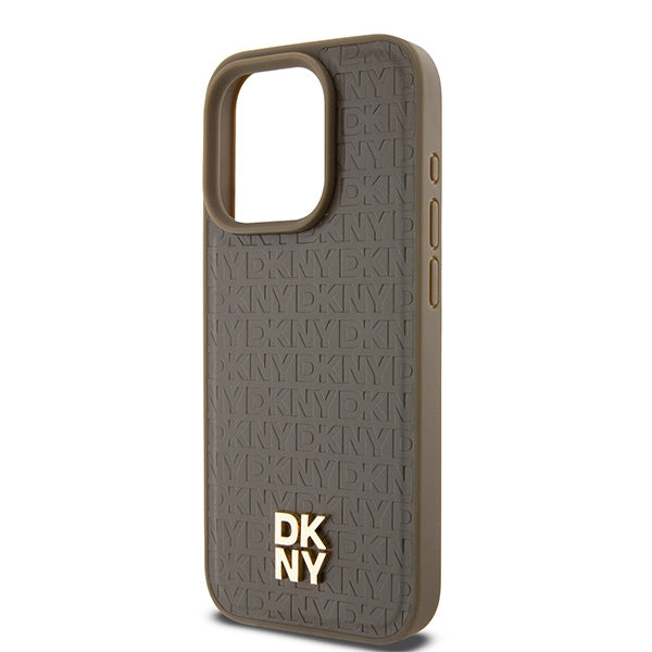 MagSafe Case for Apple iPhone 15 Pro, DKNY, Monogram Pattern Metal Logo, Brown