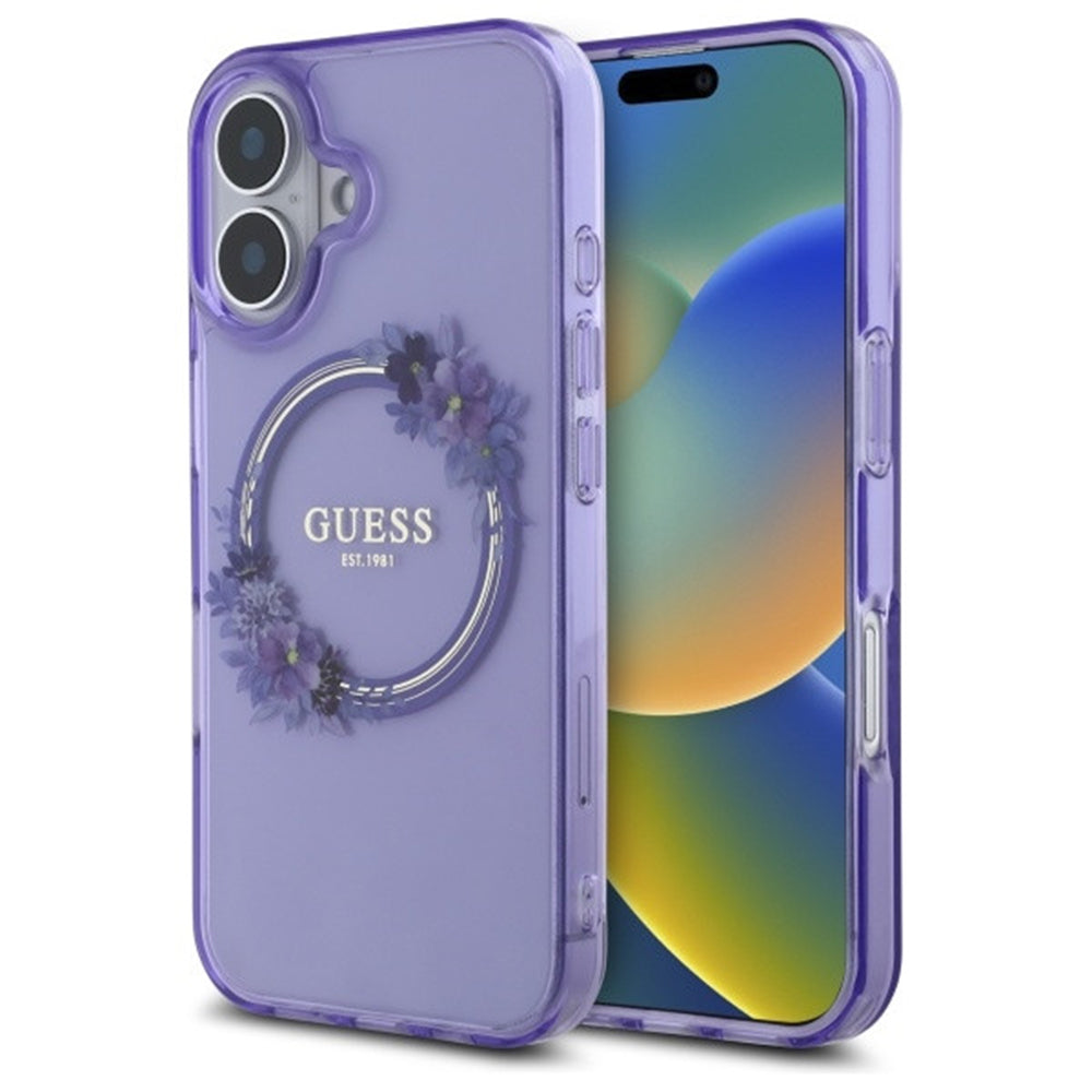 MagSafe Case for Apple iPhone 16, Guess, IML Flowers Wreath, Purple