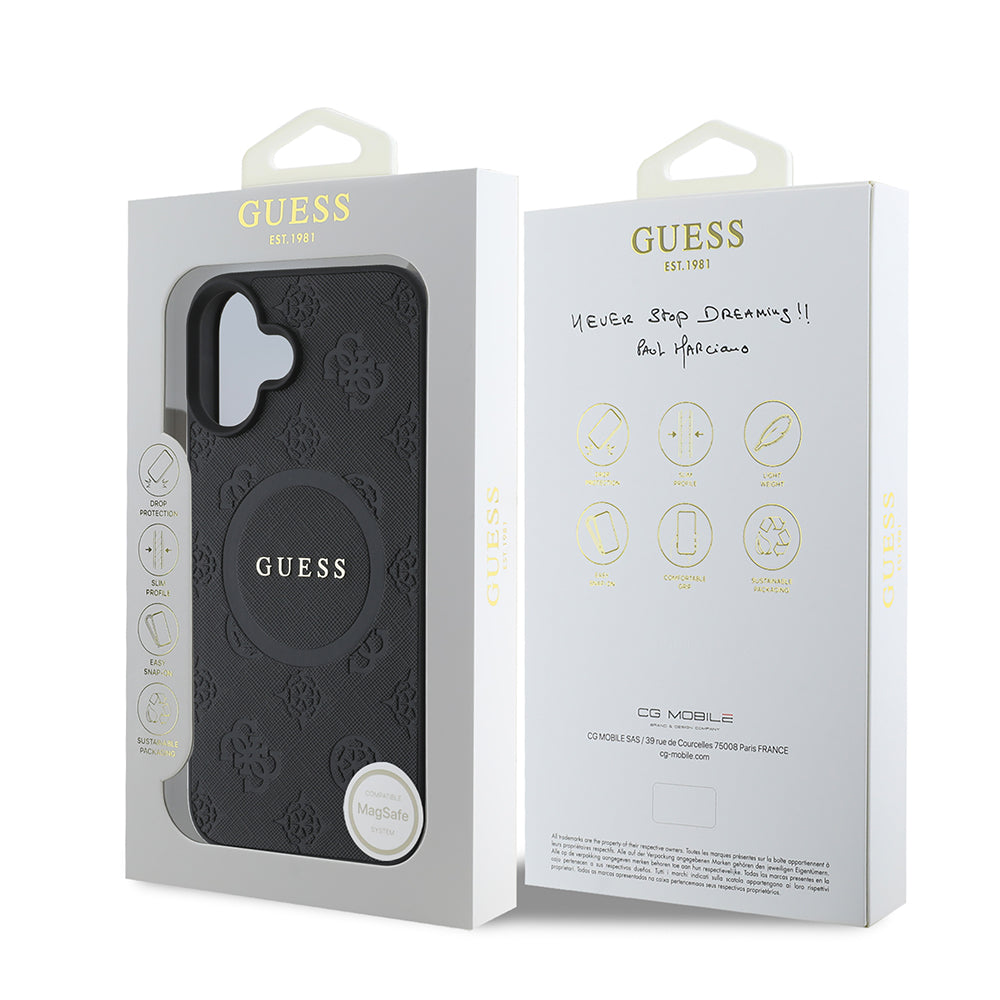 MagSafe Case for Apple iPhone 16, Guess, Saffiano Peony Classic Logo, Black