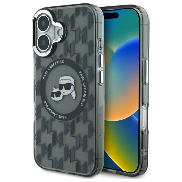 MagSafe Case for Apple iPhone 16, Karl Lagerfeld, IML Monogram Karl & Choupette's Heads, Black
