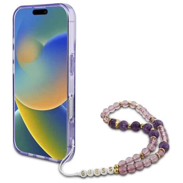 MagSafe Case for Apple iPhone 16 Plus, Guess, IML Flowers with Pearl Strap, Purple