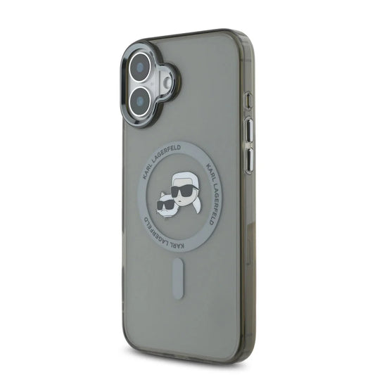 MagSafe Case for Apple iPhone 16 Plus, Karl Lagerfeld, IML Metal Karl & Choupette's Heads, Black