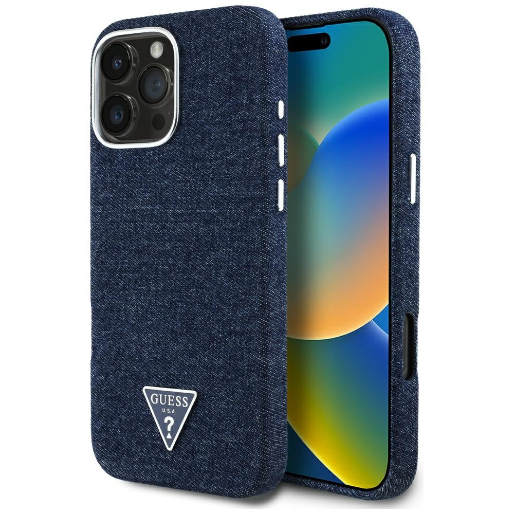MagSafe Case for Apple iPhone 16 Pro, Guess, Denim Triangle Logo, Blue