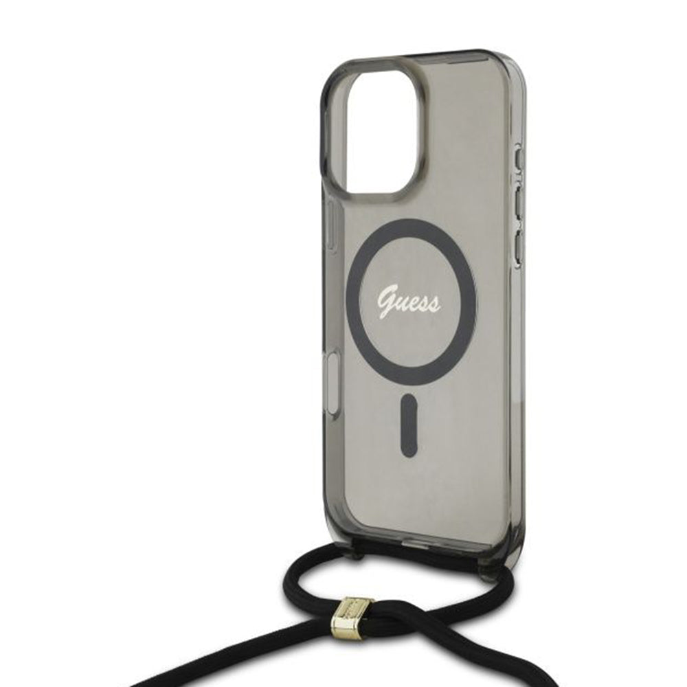 MagSafe Case for Apple iPhone 16 Pro, Guess, IML Crossbody Cord Script, Black