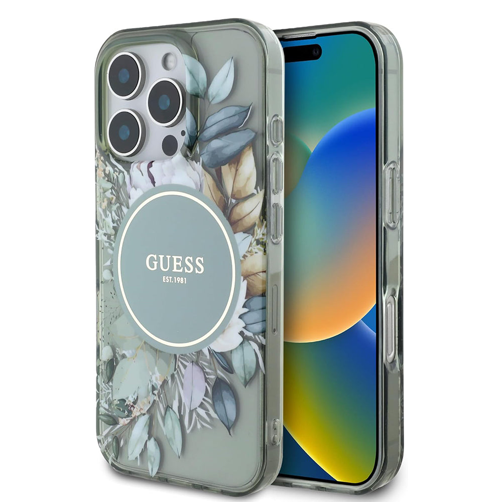 MagSafe Case for Apple iPhone 16 Pro, Guess, IML Flower & Tonal Circle, Green
