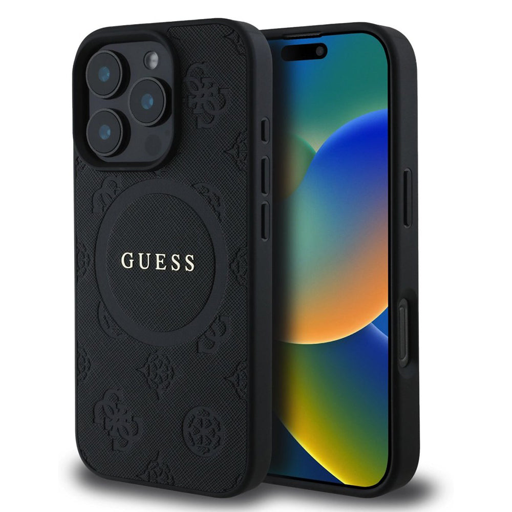 MagSafe Case for Apple iPhone 16 Pro, Guess, Saffiano Peony Classic Logo, Black
