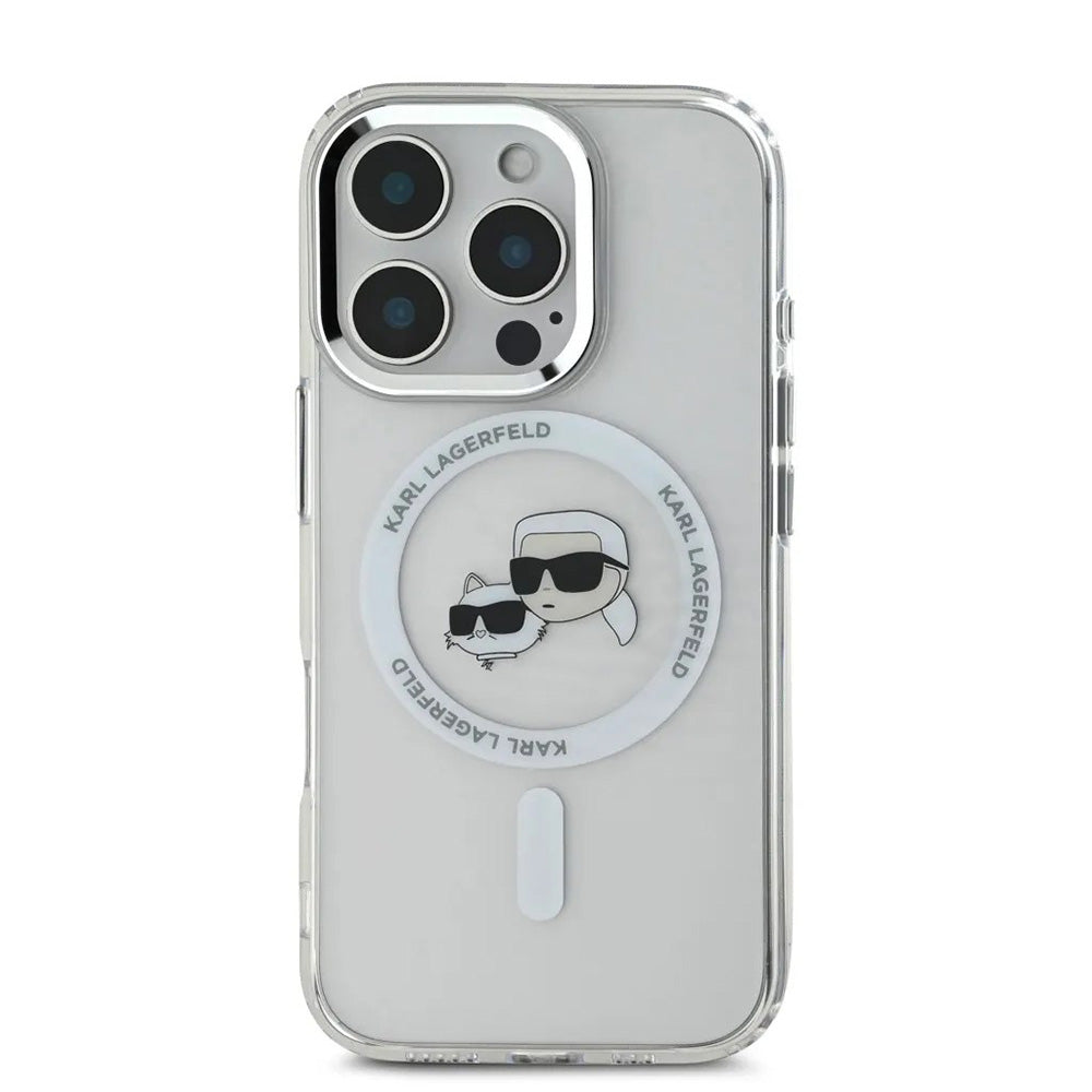 MagSafe Case for Apple iPhone 16 Pro, Karl Lagerfeld, IML Metal Karl & Choupette's Heads, White