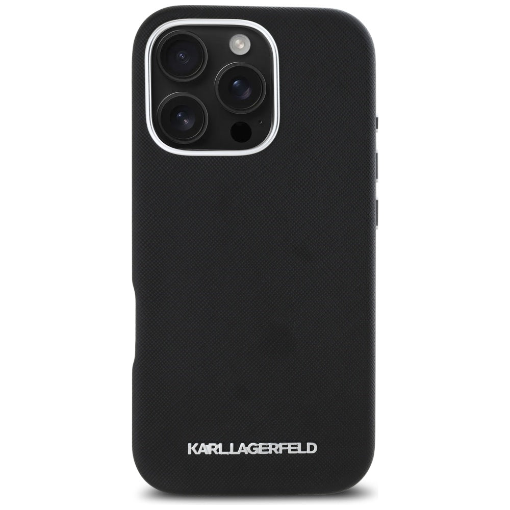 MagSafe Case for Apple iPhone 16 Pro, Karl Lagerfeld, Saffiano Full Wrapped Elongated Metal Logo, Black