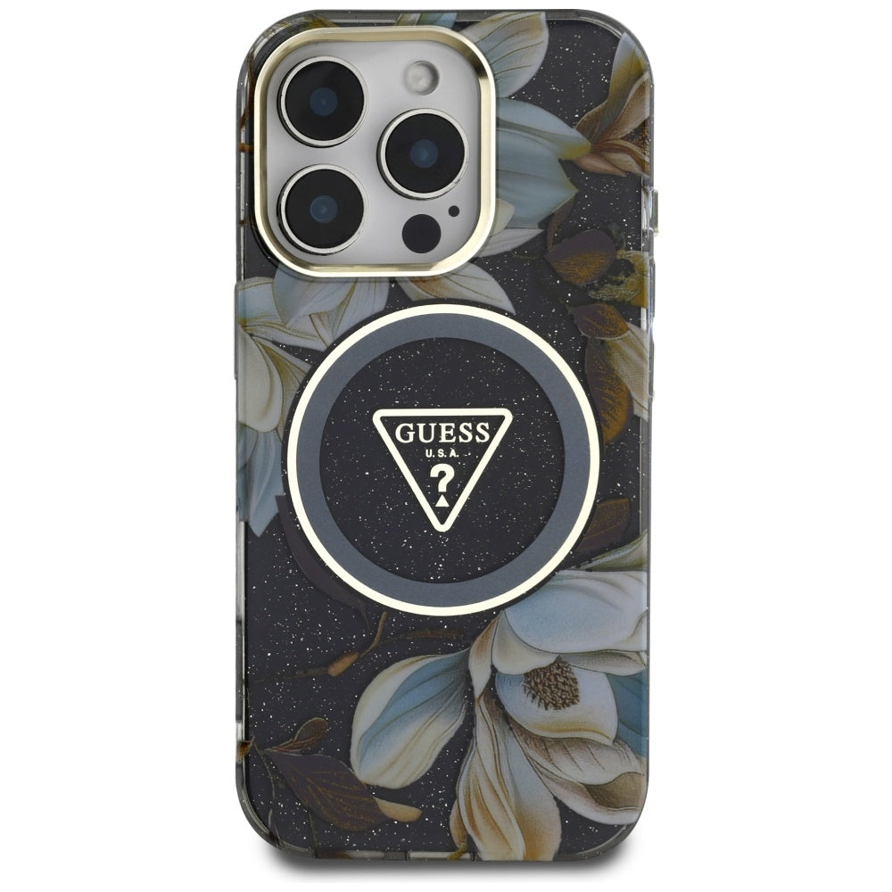 MagSafe Case for Apple iPhone 16 Pro Max, Guess, IML Metal Glitter Flowers Triangle, Black