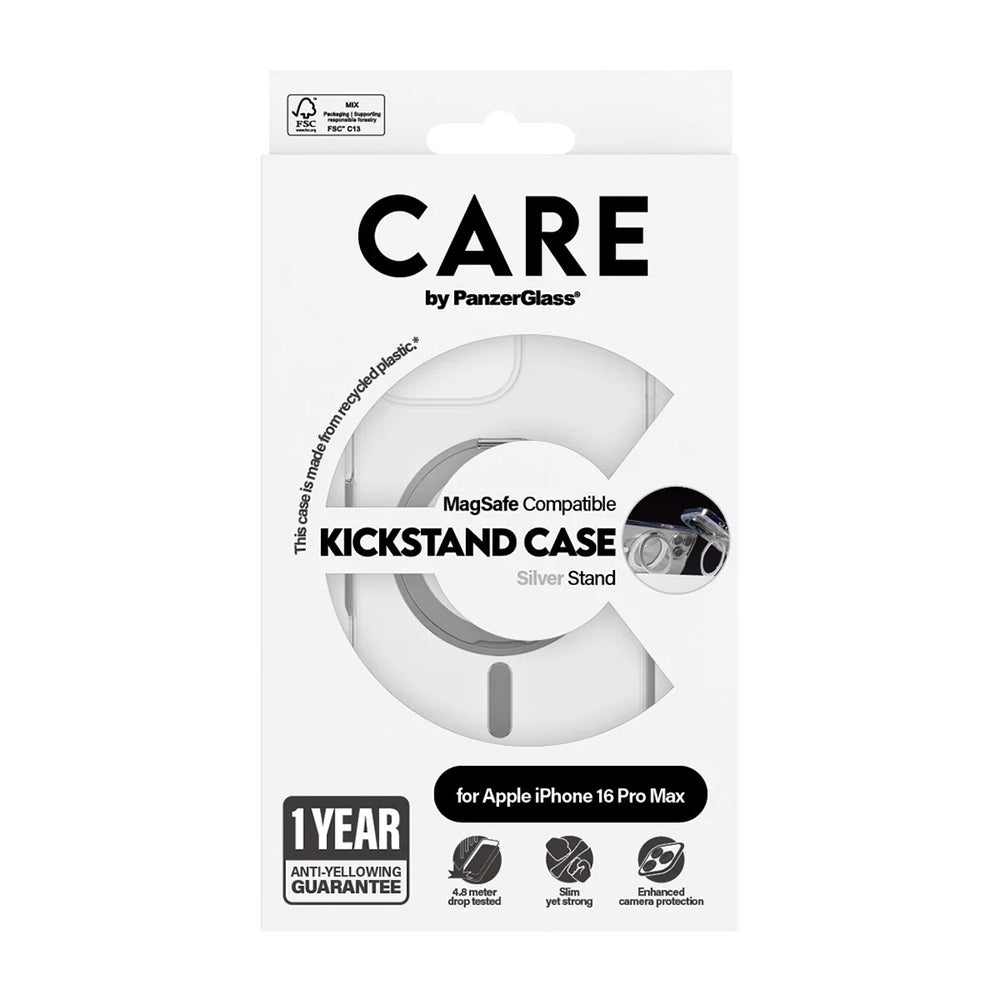 MagSafe Case for Apple iPhone 16 Pro Max, PanzerGlass, Care Feature Kickstand, Silver Transparent