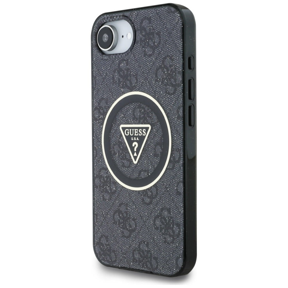 MagSafe Case for Apple iPhone 17e / 16e, Guess, IML Glitter 4G Circle Triangle, Black