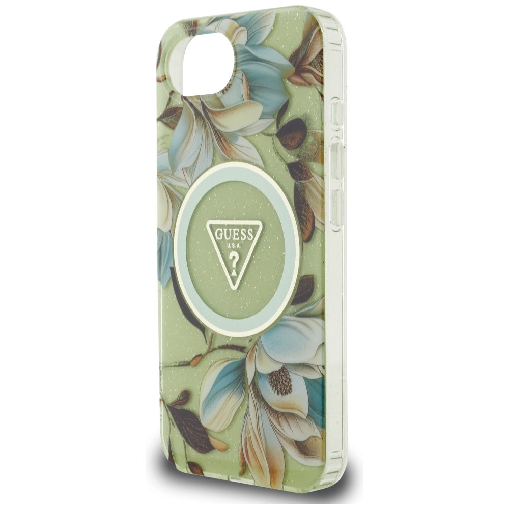 MagSafe Case for Apple iPhone 17e / 16e, Guess, IML Metal Glitter Flowers Triangle, Green