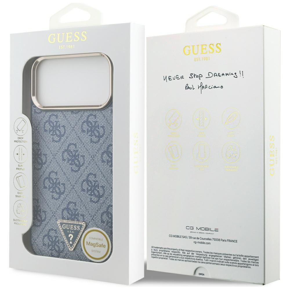 MagSafe Case for Apple iPhone 17 Pro, Guess, 4G Triangle Logo, Golden Blue