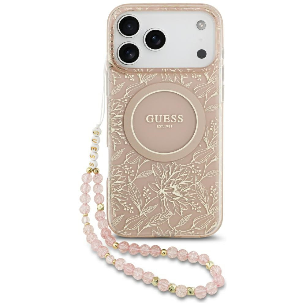 MagSafe Case for Apple iPhone 17 Pro Max, Guess, IML Flowers Allover Electroplated with Pearl Strap, Pink