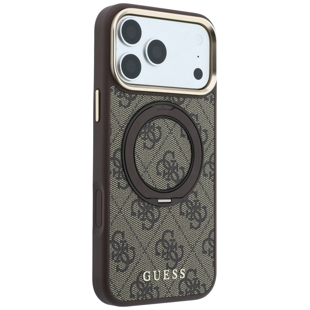 MagSafe Case for Apple iPhone 18 Pro / 17 Pro, Guess, Ring Stand 360 4G Classic Logo, Brown