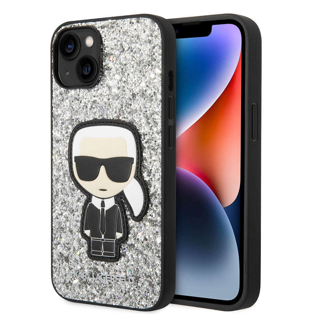 Case for Apple iPhone 14, Karl Lagerfeld, Glitter Flakes Ikonik Karl, Silver