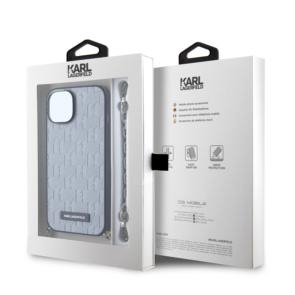 Case for Apple iPhone 14, Karl Lagerfeld, Saffiano Monogram Chain, Silver