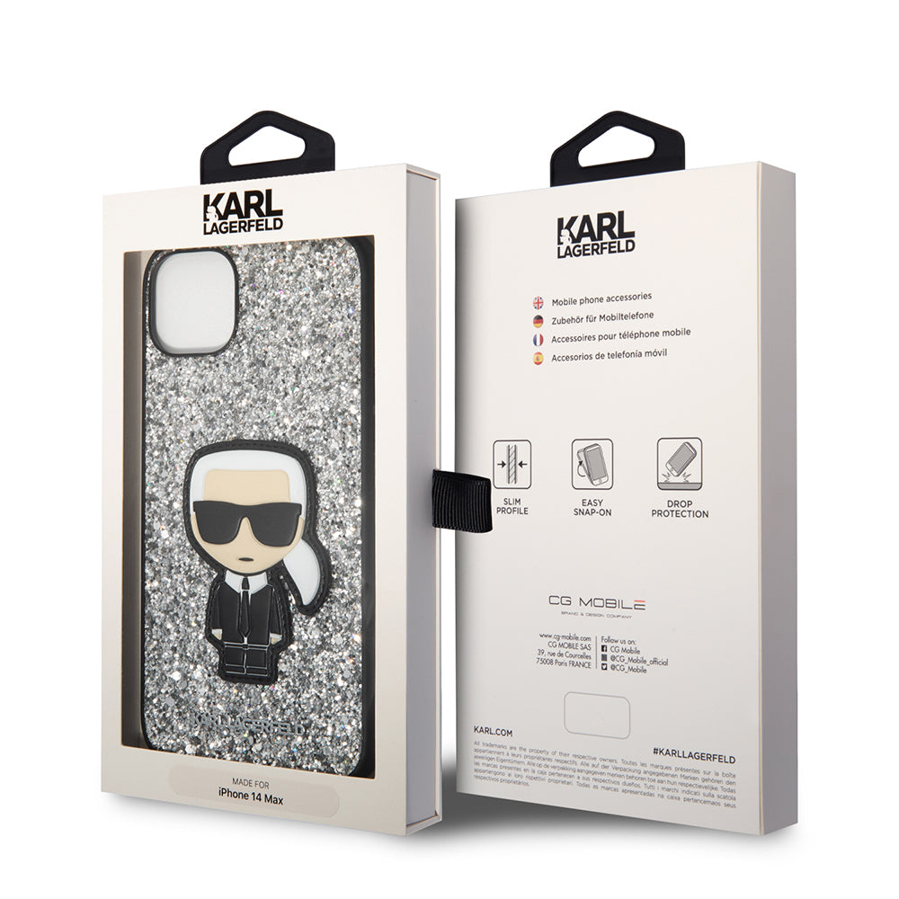 Case for Apple iPhone 14 Plus, Karl Lagerfeld, Glitter Flakes Ikonik Karl, Silver