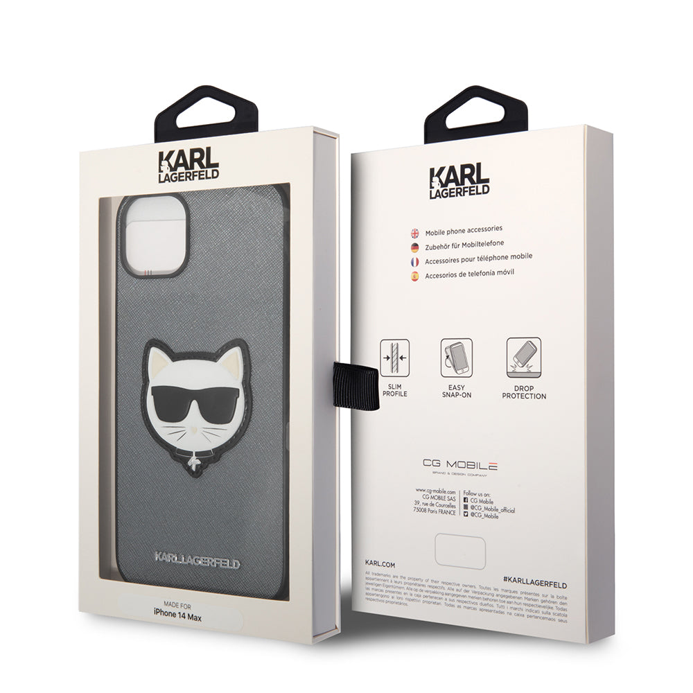 Case for Apple iPhone 14 Plus, Karl Lagerfeld, Saffiano Choupette's Head, Silver