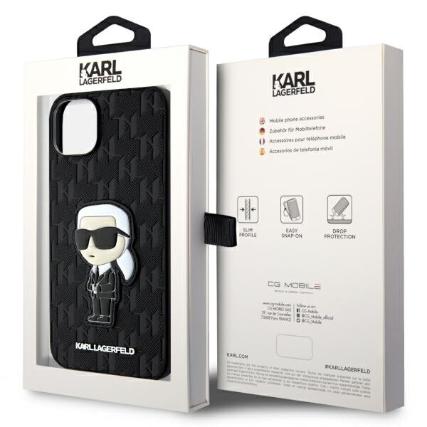 Case for Apple iPhone 14 Plus, Karl Lagerfeld, Saffiano Monogram Ikonik Karl, Black