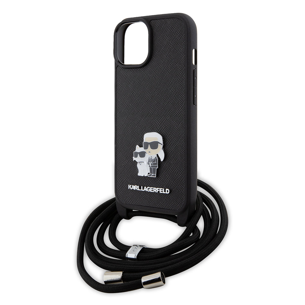 Case for Apple iPhone 15 Plus, Karl Lagerfeld, Saffiano Crossbody Metal Pin Karl & Choupette, Black