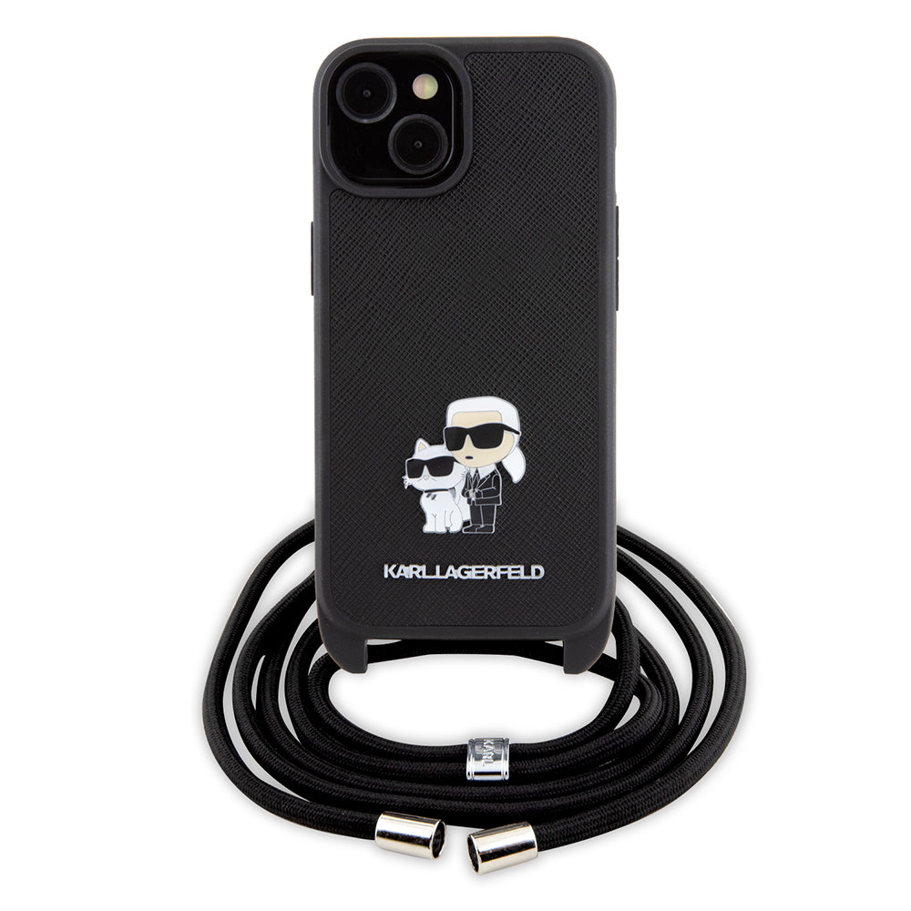 Case for Apple iPhone 15 Plus, Karl Lagerfeld, Saffiano Crossbody Metal Pin Karl & Choupette, Black
