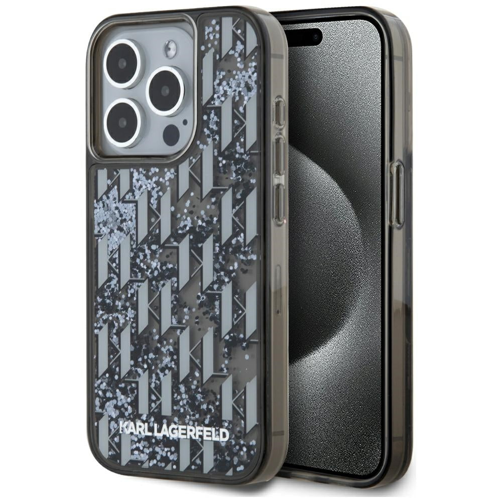 Case for Apple iPhone 15 Pro, Karl Lagerfeld, Liquid Glitter Monogram, Black