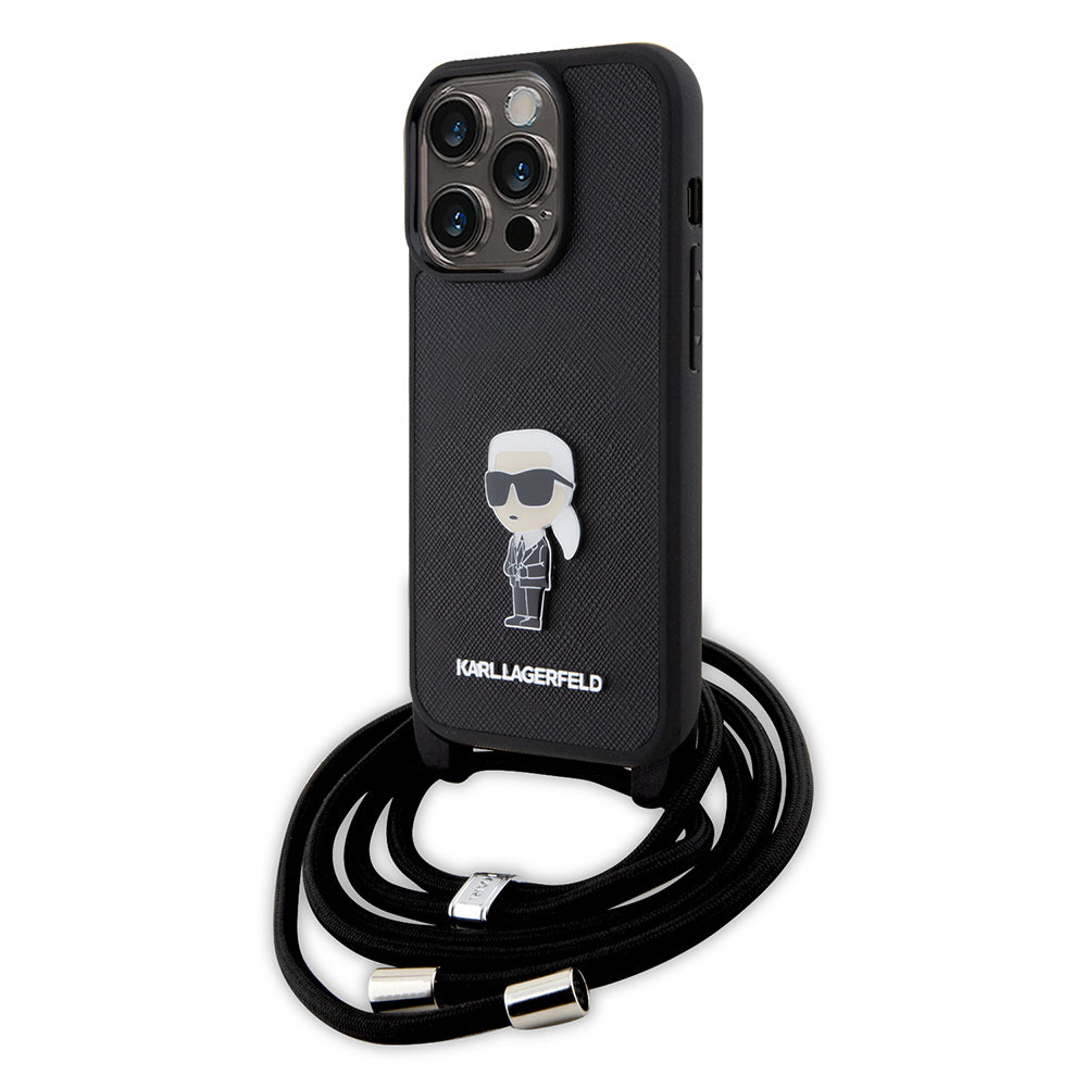 Case for Apple iPhone 15 Pro, Karl Lagerfeld, Saffiano Crossbody Monogram Metal Pin Karl, Black